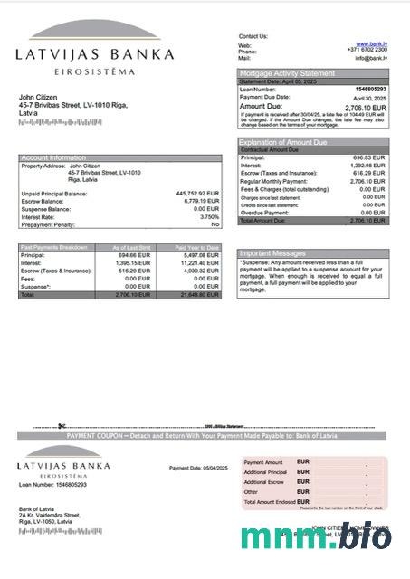 Łotwa Bank of Latvia wyciąg z kredytu hipotecznego szablon Word i PDF